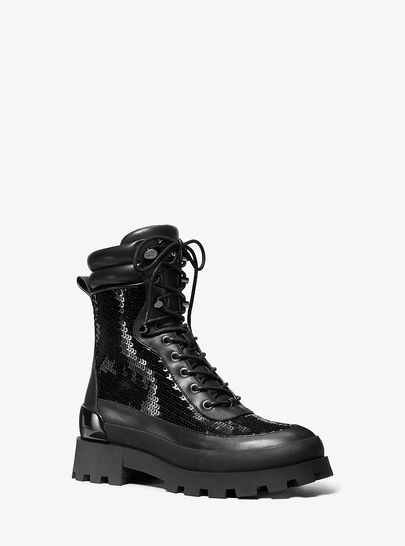 Rowan Embellished Leather Lace-Up Boot in BLACK | Michael Kors