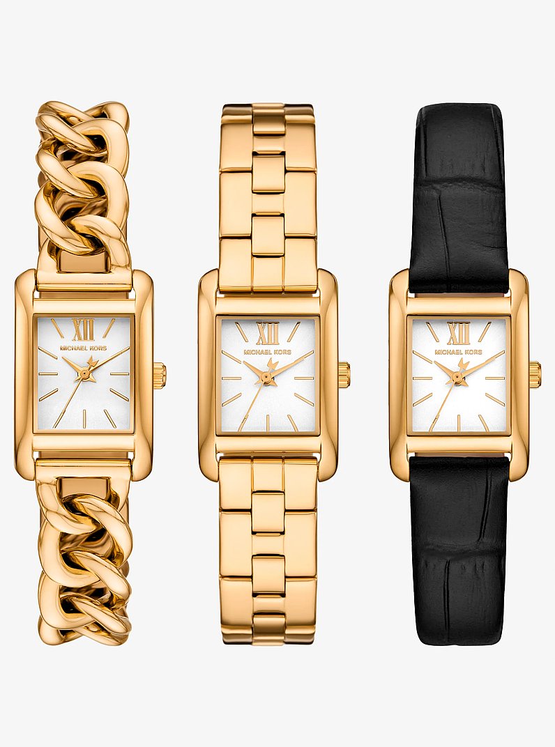 Petite Monroe Gold-Tone and Crocodile-Embossed Leather Watch Strap Set in BLACK | Michael Kors