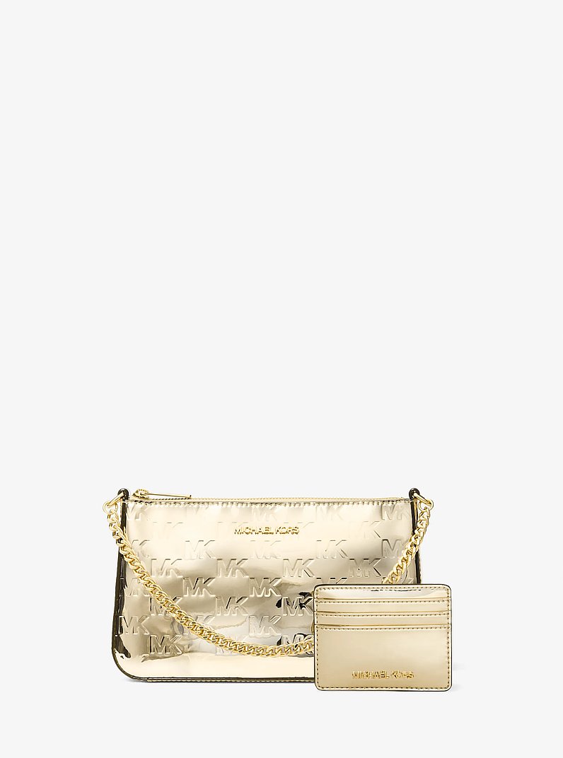 Jet Set Medium Metallic Logo Debossed Pochette and Card Case Gift Set in PALE GOLD | Michael Kors