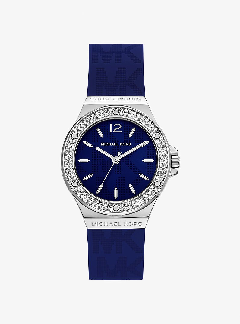 Lennox Pav&eacute; Silver-Tone and Logo Silicone Strap Watch in NAVY | Michael Kors