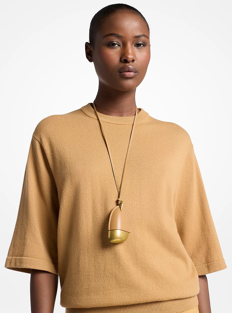 Brushed Brass and Leather Wrapped Pendant Necklace in CASHEW | Michael Kors