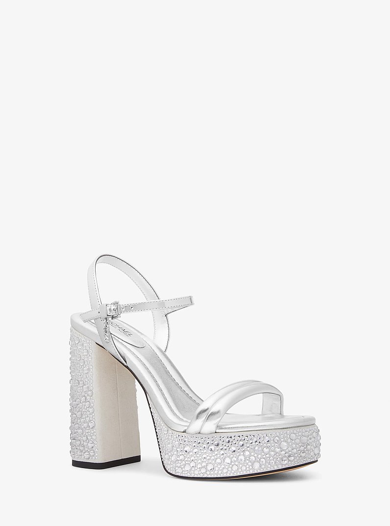 Laci Embellished Metallic Leather Platform Sandal in SILVER | Michael Kors