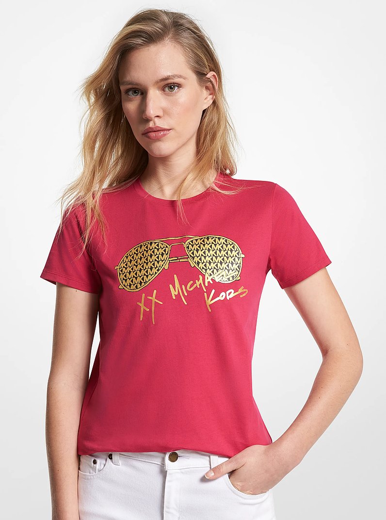 Camiseta de algod&oacute;n org&aacute;nico estampada con logotipo metalizado de aviador in CARMINE PINK | Michael Kors