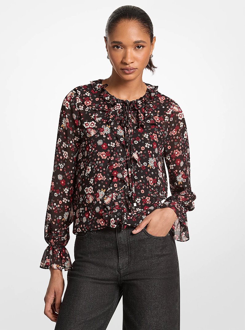Haut en georgette &agrave; imprim&eacute; floral et &agrave; volants in NOIR | Michael Kors