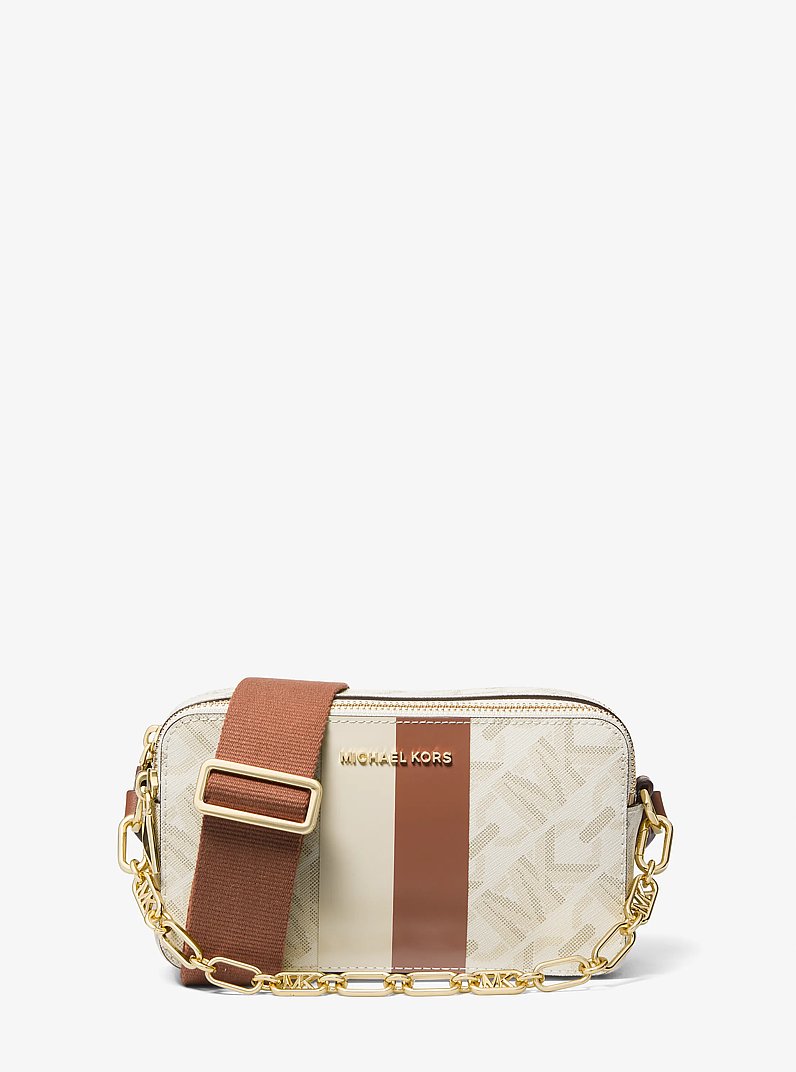 Jet Set Small Empire Signature Logo Stripe Double-Zip Camera Bag in VANILLA/LUGGAGE | Michael Kors