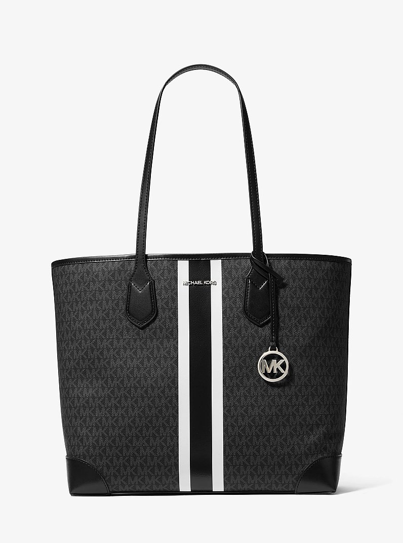 Eva Large Signature Logo Stripe Tote Bag in BLACK | Michael Kors