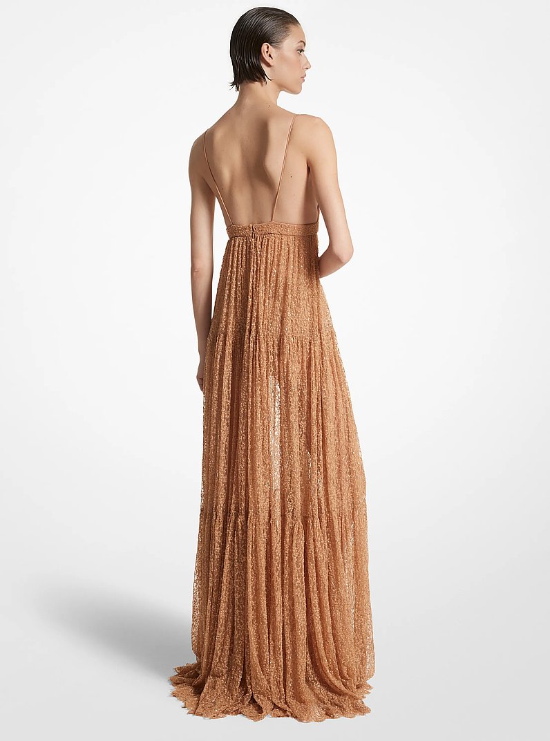 Hand-Embroidered Sequin Chantilly Lace Slip Gown in SUNTAN | Michael Kors