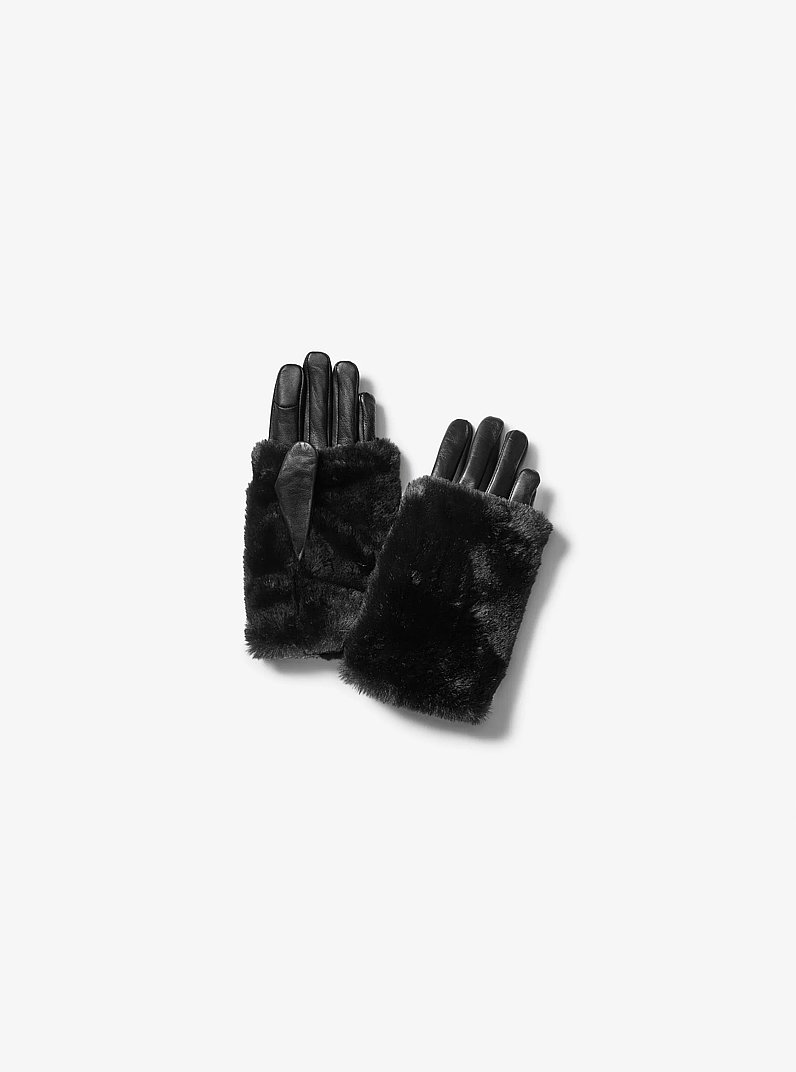 2-in-1 Leather and Faux Fur Gloves in BLACK | Michael Kors