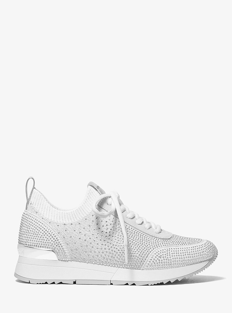 Jenkins Crystal Embellished Metallic Stretch Knit Trainer in SILVER | Michael Kors