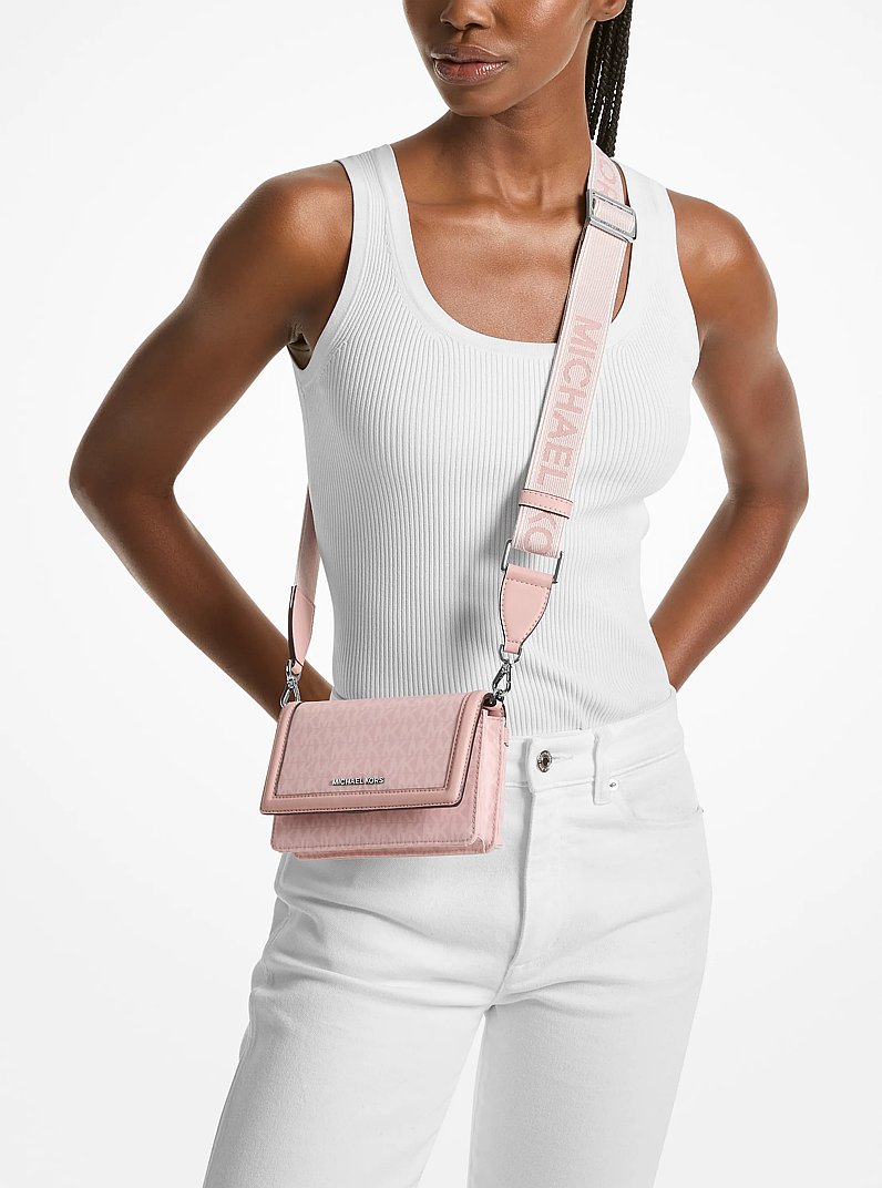 Jet Set Small Signature Logo Print Woven Smartphone Crossbody Bag in SMOKEY ROSE | Michael Kors