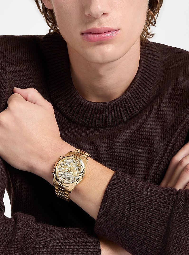 Oversized Lexington Pav&eacute; Gold-Tone Watch in GOLD | Michael Kors