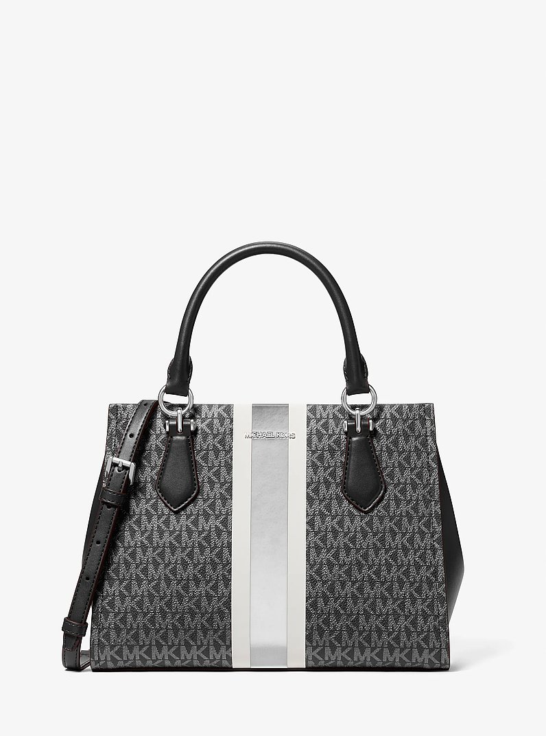 Marilyn Medium Signature Logo Stripe Satchel in BLACK | Michael Kors