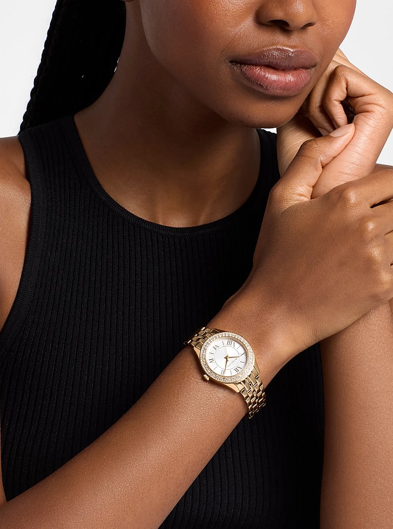 Mini Harlowe Pav&eacute; Gold-Tone Watch in GOLD | Michael Kors