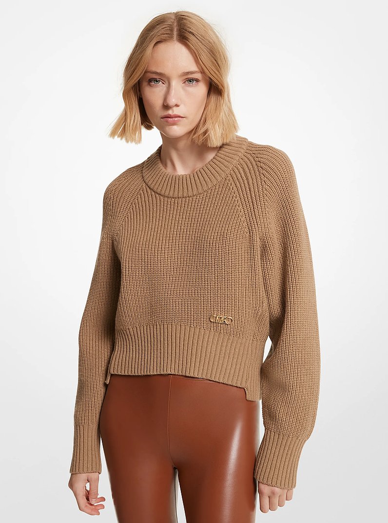 Ribbed Wool Blend Cropped Sweater in DARK CAMEL - Sale | Michael