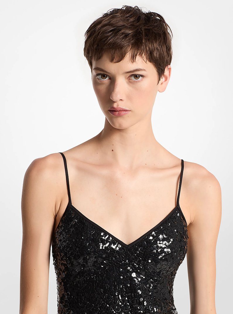 Hand-Embroidered Sequin Silk Georgette Slip Dress in BLACK | Michael Kors