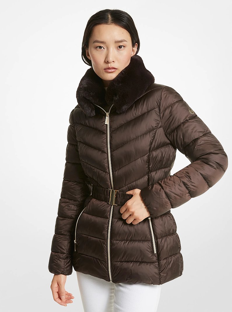 Faux Fur Trim Quilted Nylon Packable Puffer Jacket in CHOCOLATE | Michael Kors