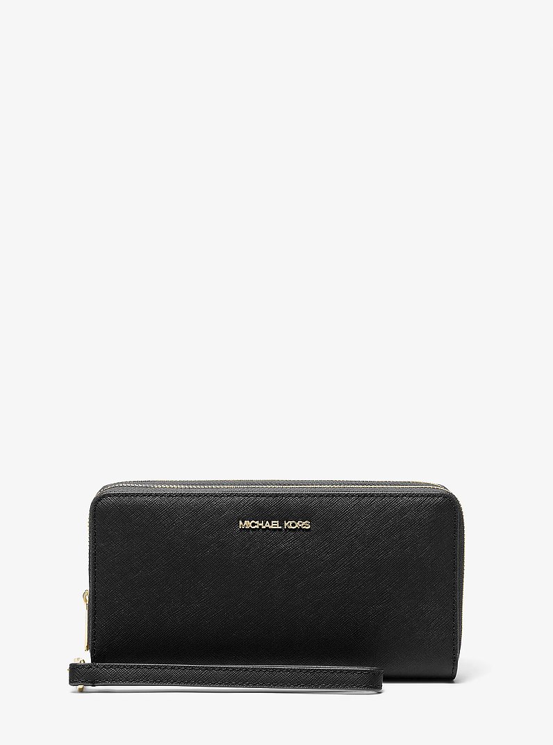 Jet Set Travel Large Saffiano Leather Wristlet in BLACK | Michael Kors
