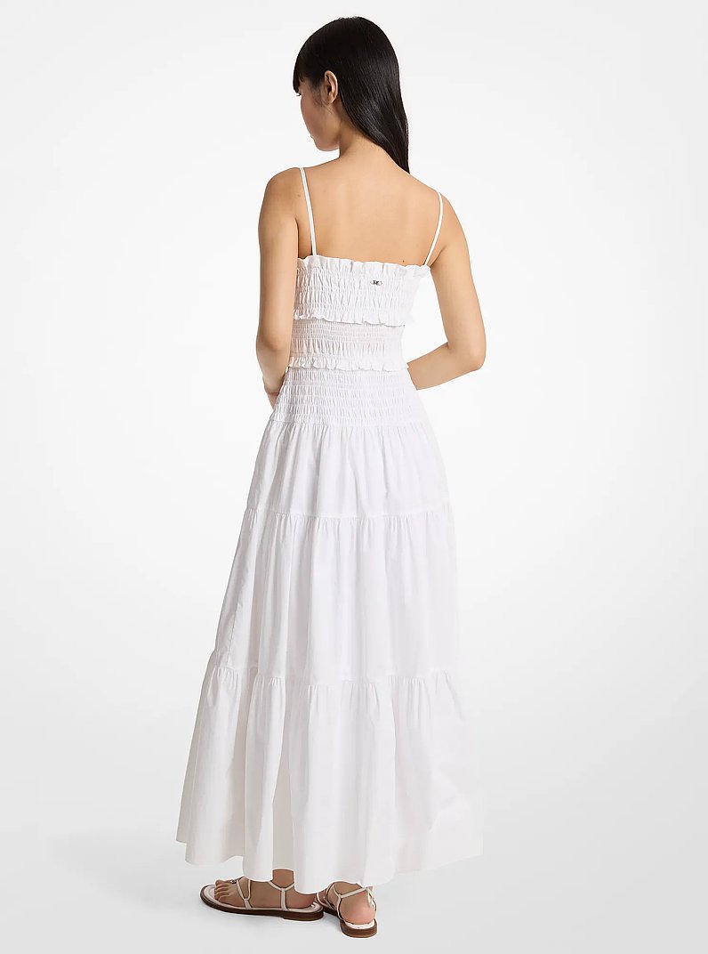 Smocked Cotton Poplin Maxi Dress in WHITE | Michael Kors