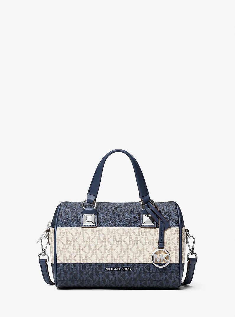 Grayson Small Striped Signature Logo Duffel Crossbody Bag in NAVY | Michael Kors