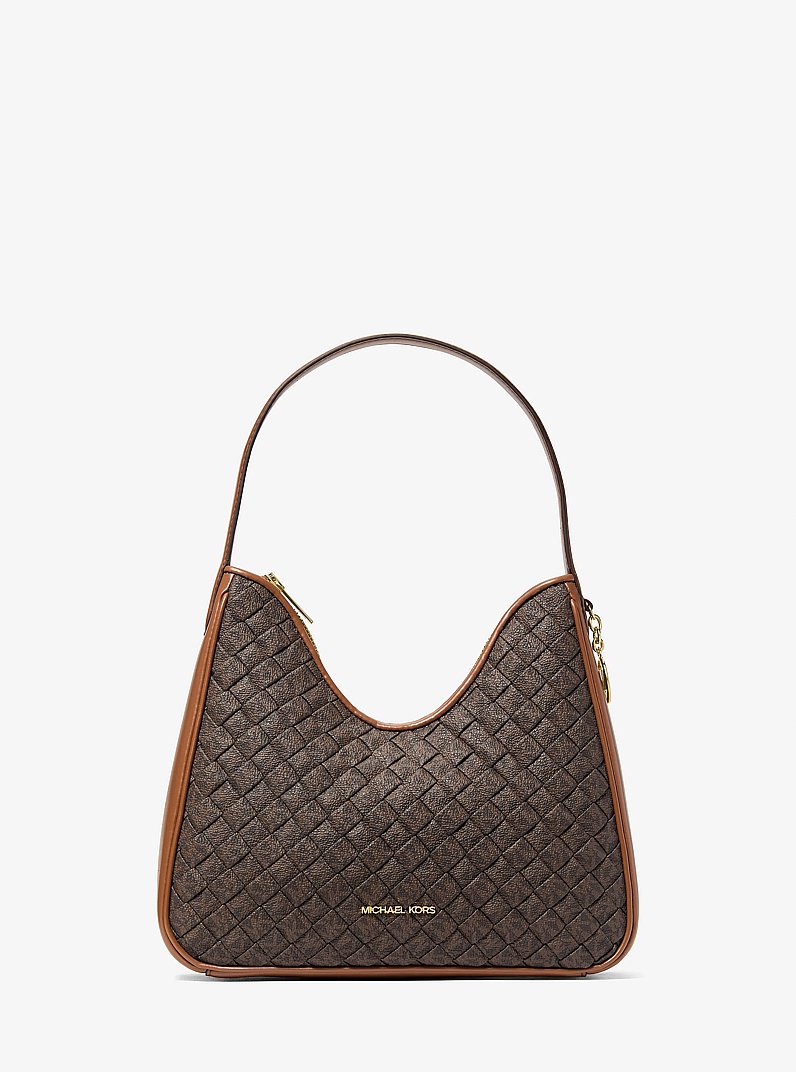 Nayla Small Woven Signature Logo Hobo Shoulder Bag in BROWN | Michael Kors