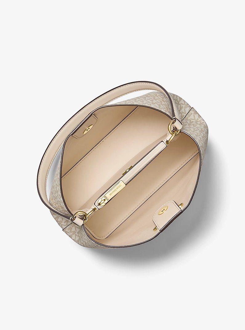 Pratt Medium Signature Logo and Metallic Shoulder Bag in PALE GOLD | Michael Kors