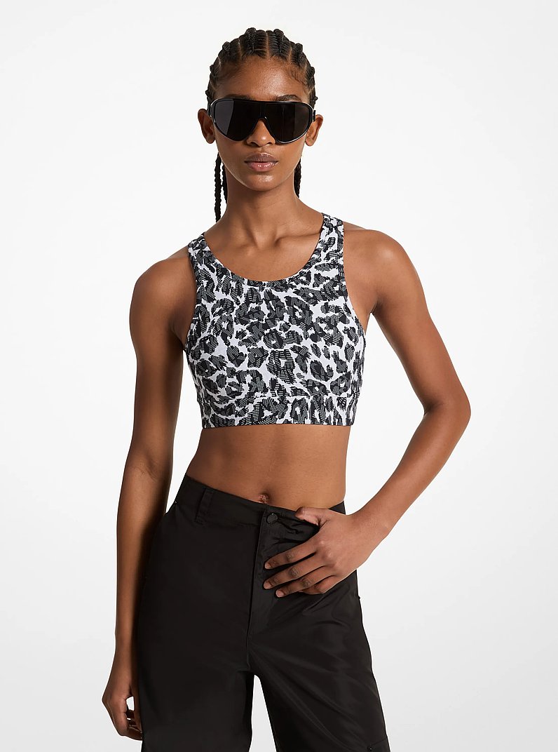 Stretch Recycled Nylon Leopard Logo Sports Bra in ALUMINUM | Michael Kors