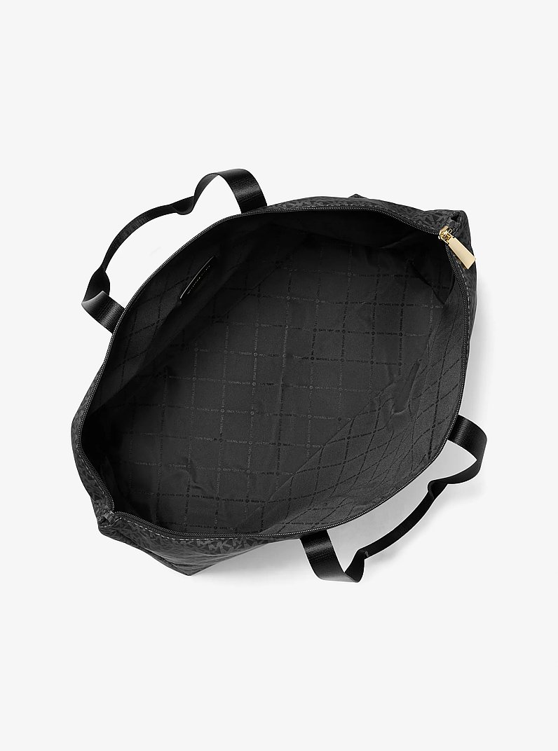 Jet Set Travel Large Signature Logo Print Woven Tote Bag in BLACK | Michael Kors