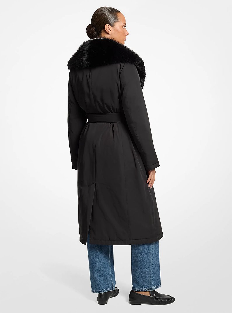 Faux Fur Trim Belted Coat in BLACK | Michael Kors