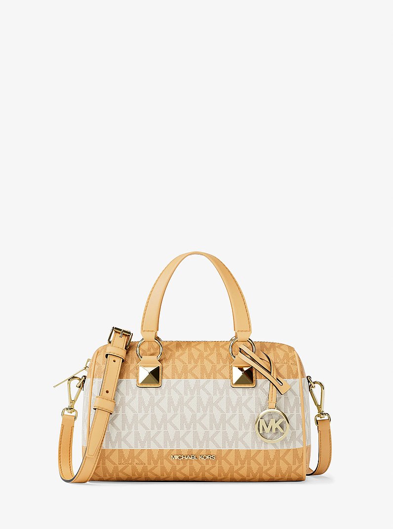 Grayson Small Striped Signature Logo Duffel Crossbody Bag in HONEYWHEAT | Michael Kors