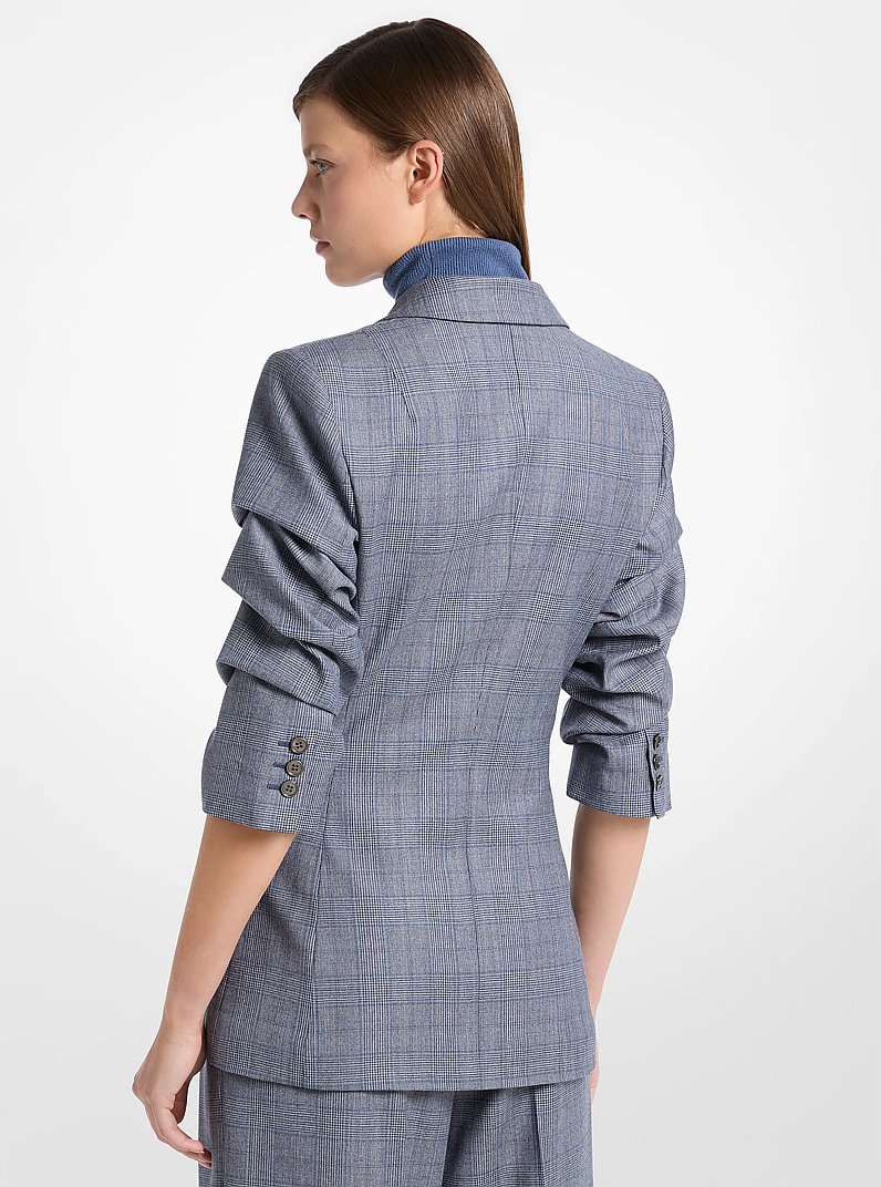 Blazer de lana a cuadros Glen con mangas fruncidas in ACERO/AZUL LAGO | Michael Kors