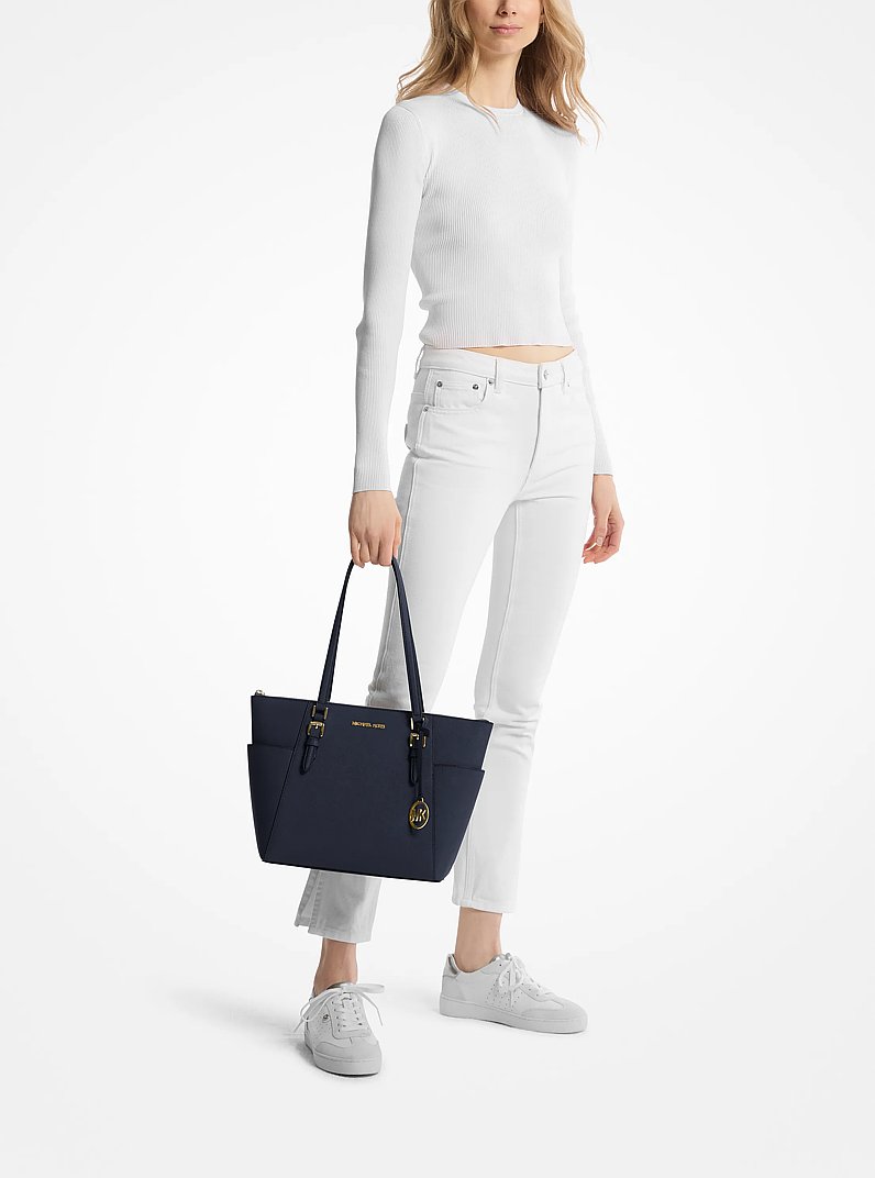 Charlotte Large Saffiano Leather Top-Zip Tote Bag in NAVY