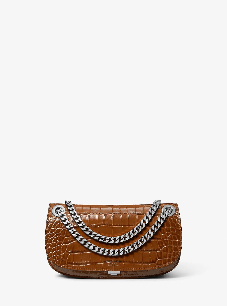 Christie Mini Crocodile Embossed Leather Envelope Bag in CHESTNUT | Michael Kors