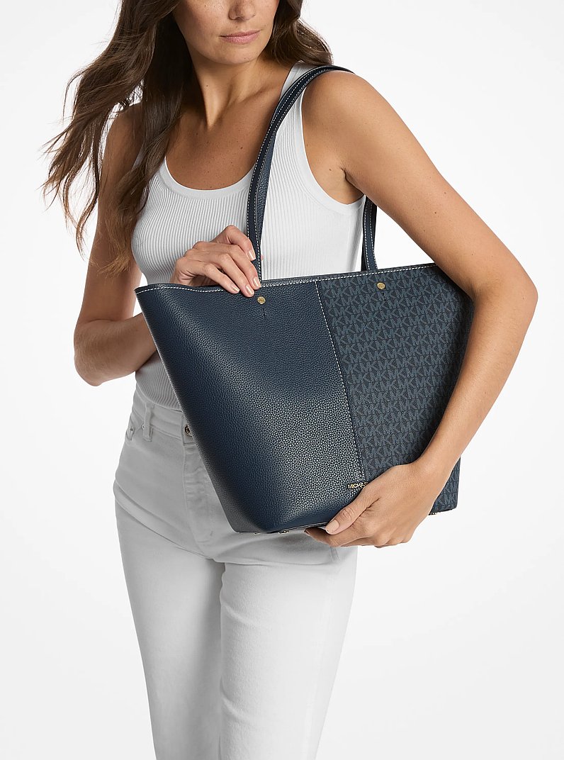 Flora Large Signature Logo and Leather Tote Bag in ADMRL/PLBLUE | Michael Kors