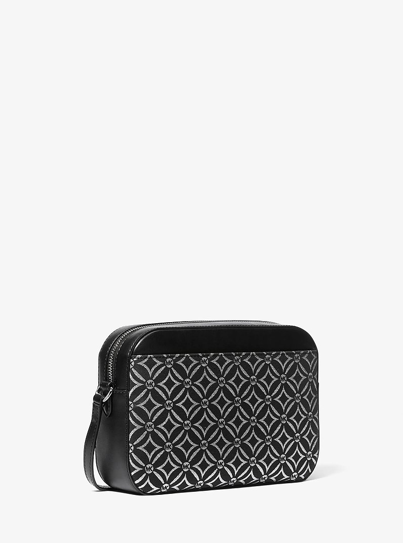 Jet Set Large Metallic Logo Jacquard Crossbody Bag in BLACK/SILVER | Michael Kors