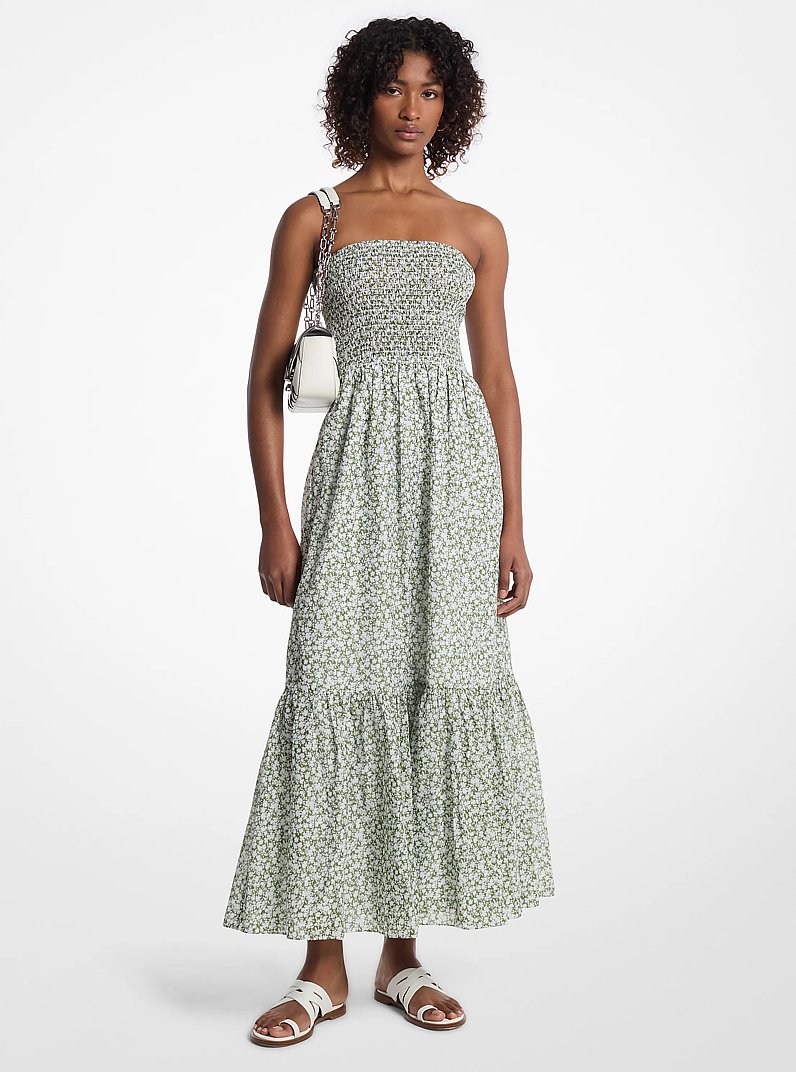 Floral Print Cotton Lawn Smocked Dress in EVERGREEN - Sale