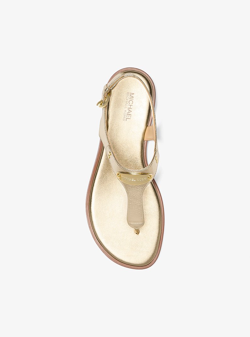 Metallic Logo Plate T-Strap Sandal in PALE GOLD - Sale | Michael