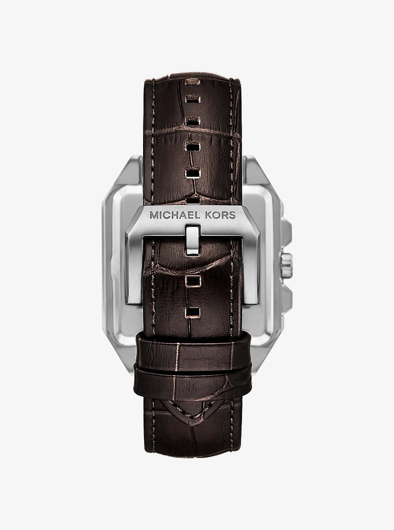 XXL-Armbanduhr Hayes im Silberton mit Lederarmband mit Krokodilpr&auml;gung in SCHOKOLADE | Michael Kors