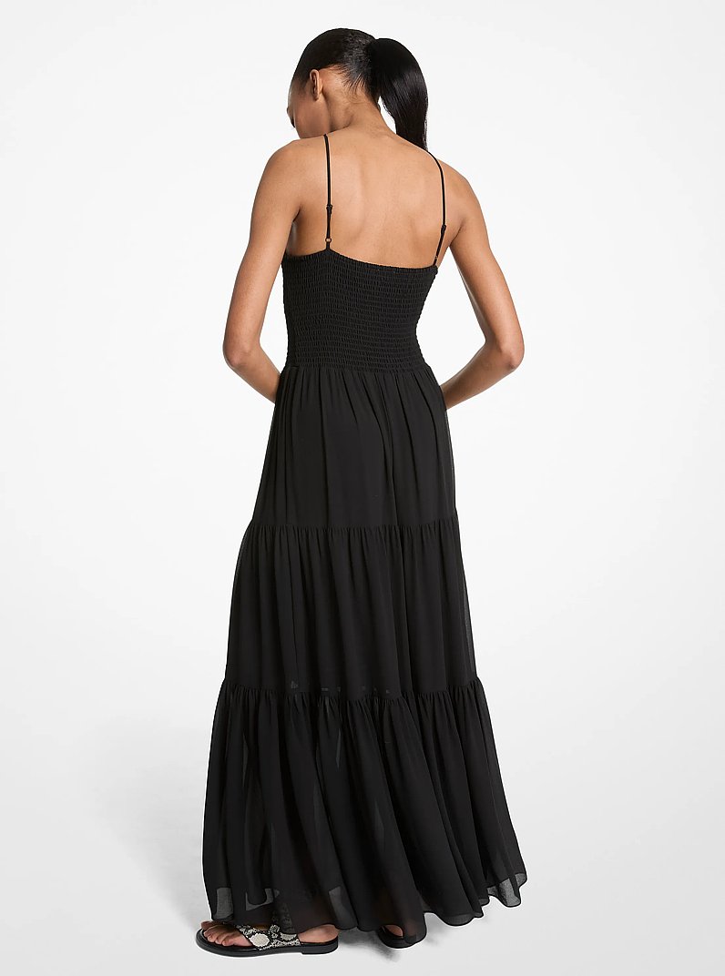 Smocked Georgette Halter Maxi Dress in BLACK | Michael Kors