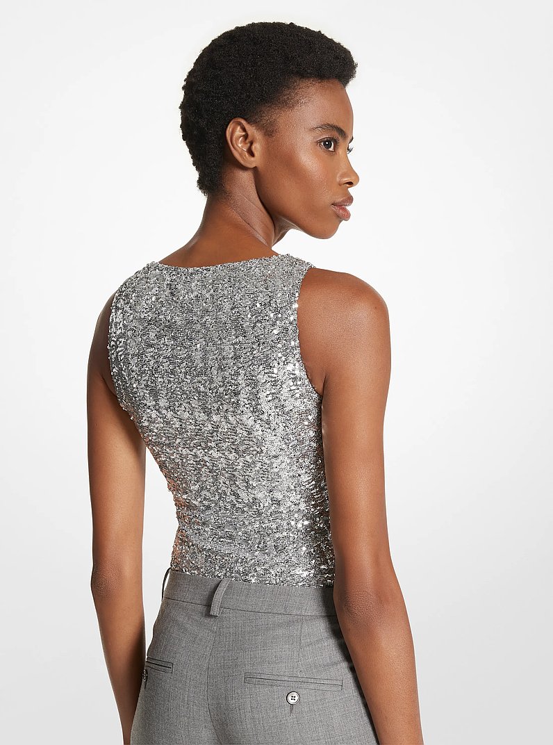 Sequined Stretch Tulle Scoop-Neck Bodysuit in SILVER | Michael Kors