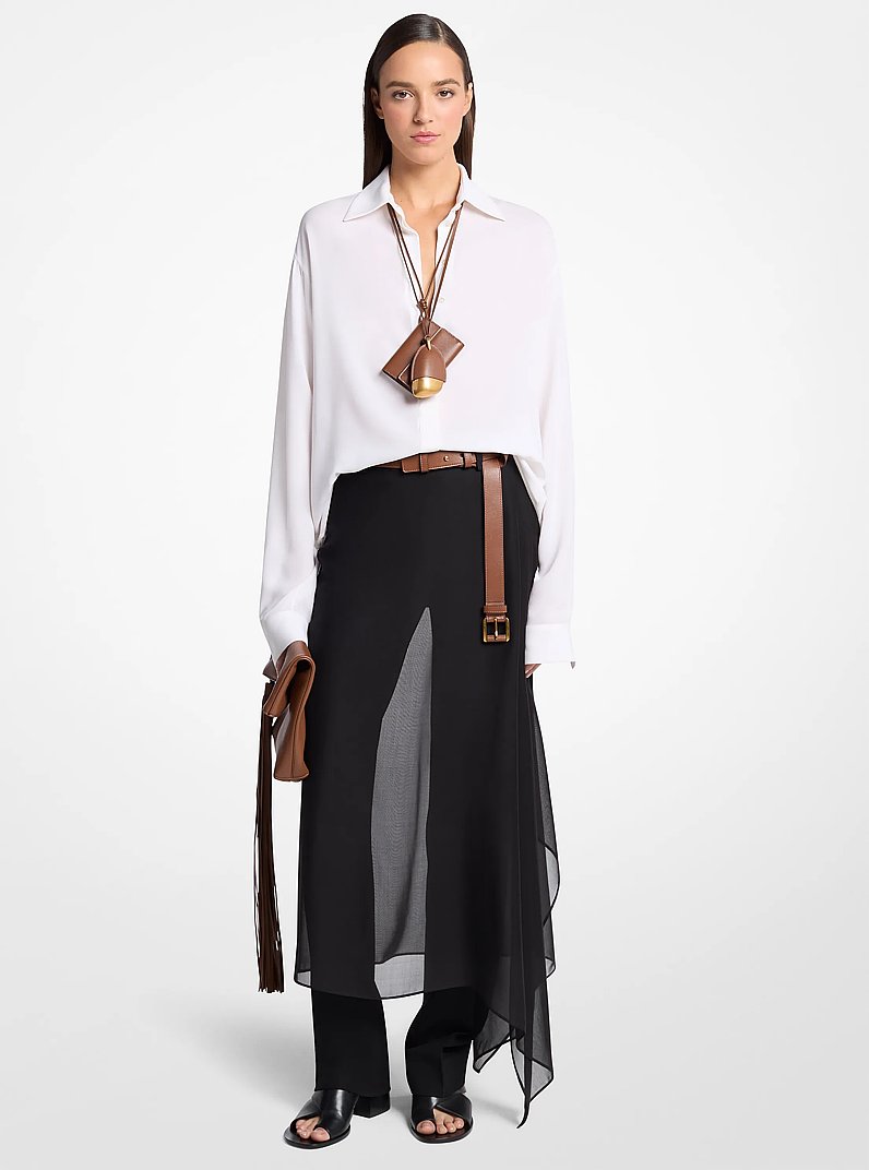Pantalon voil&eacute; en cr&ecirc;pe de laine et voile de soie