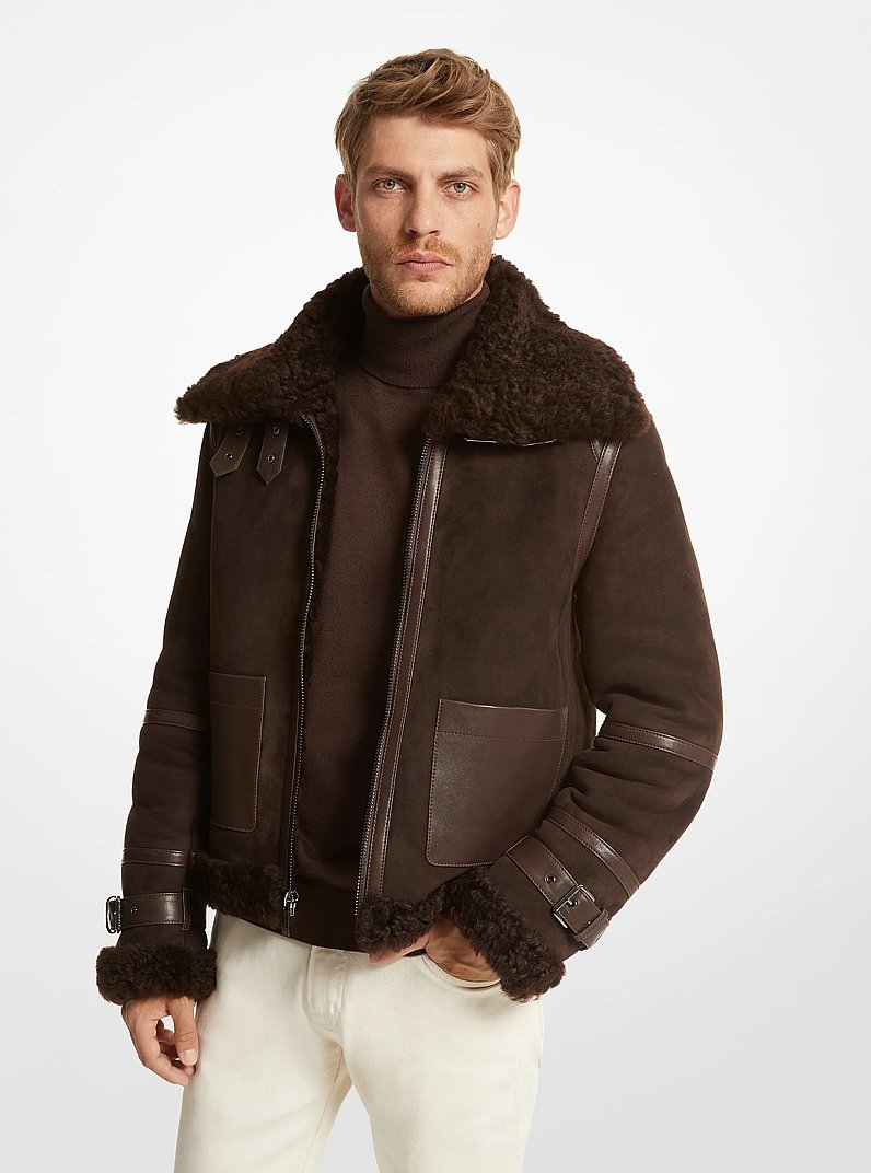 Blouson d'aviateur en toison d'agneau in CHOCOLAT | Michael Kors