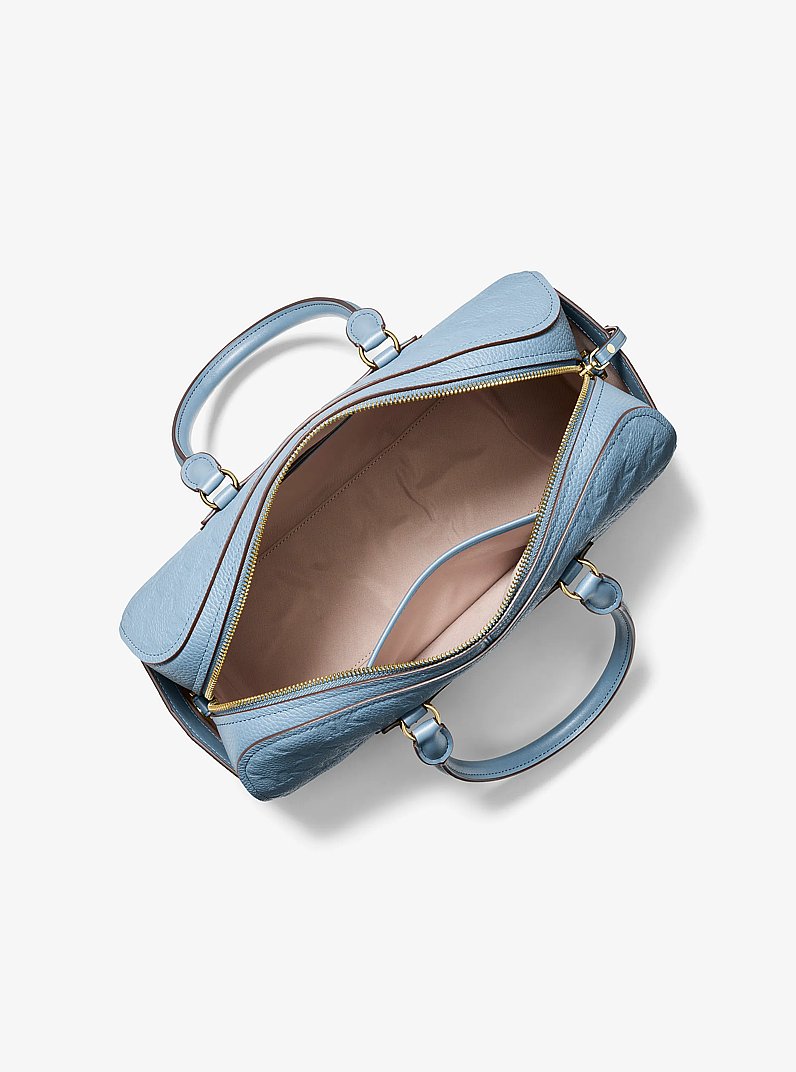 Jet Set Travel Medium Logo Embossed Leather Duffel Crossbody Bag in CHAMBRAY | Michael Kors