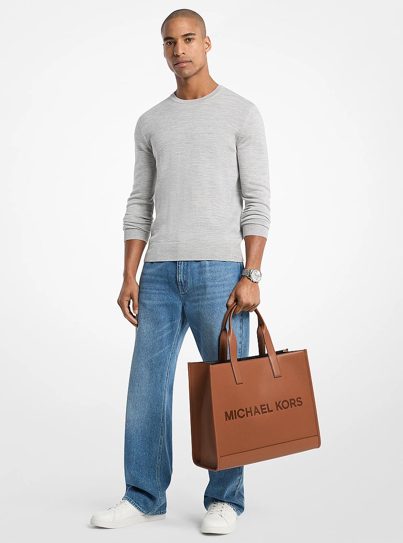 Cooper Logo Embossed Pebbled Leather Tote Bag in LUGGAGE | Michael Kors