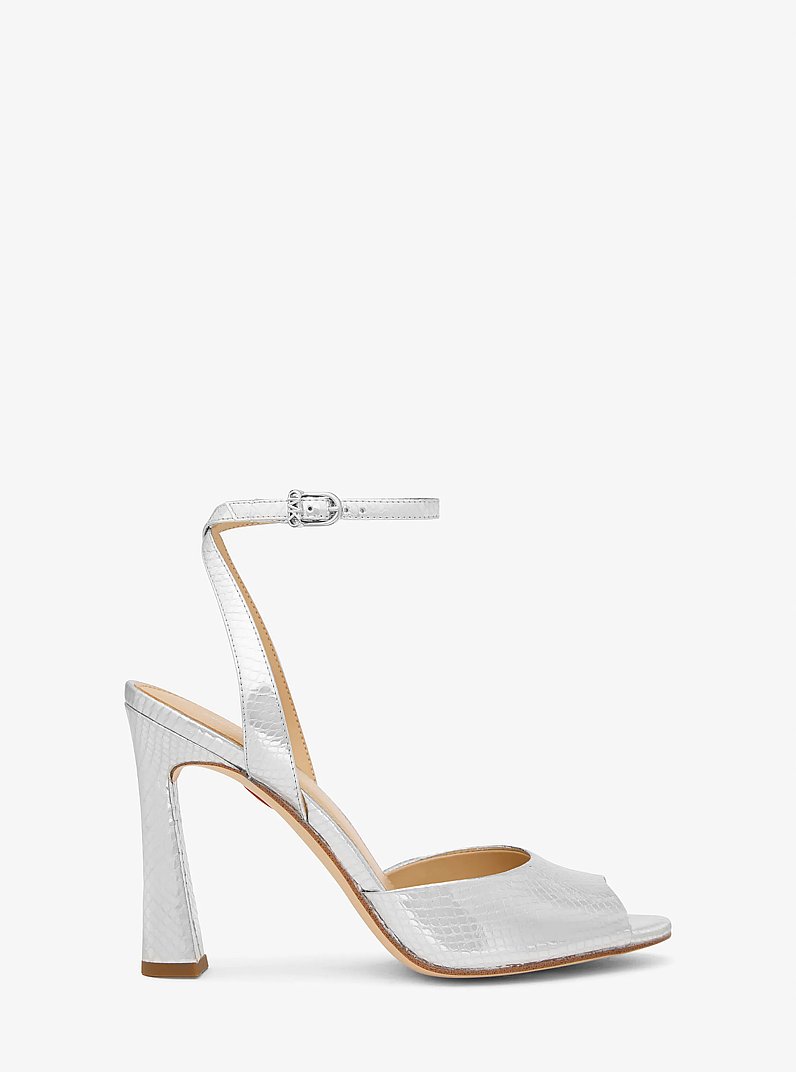 Rosie Metallic Snake Embossed Leather Sandal in SILVER | Michael Kors