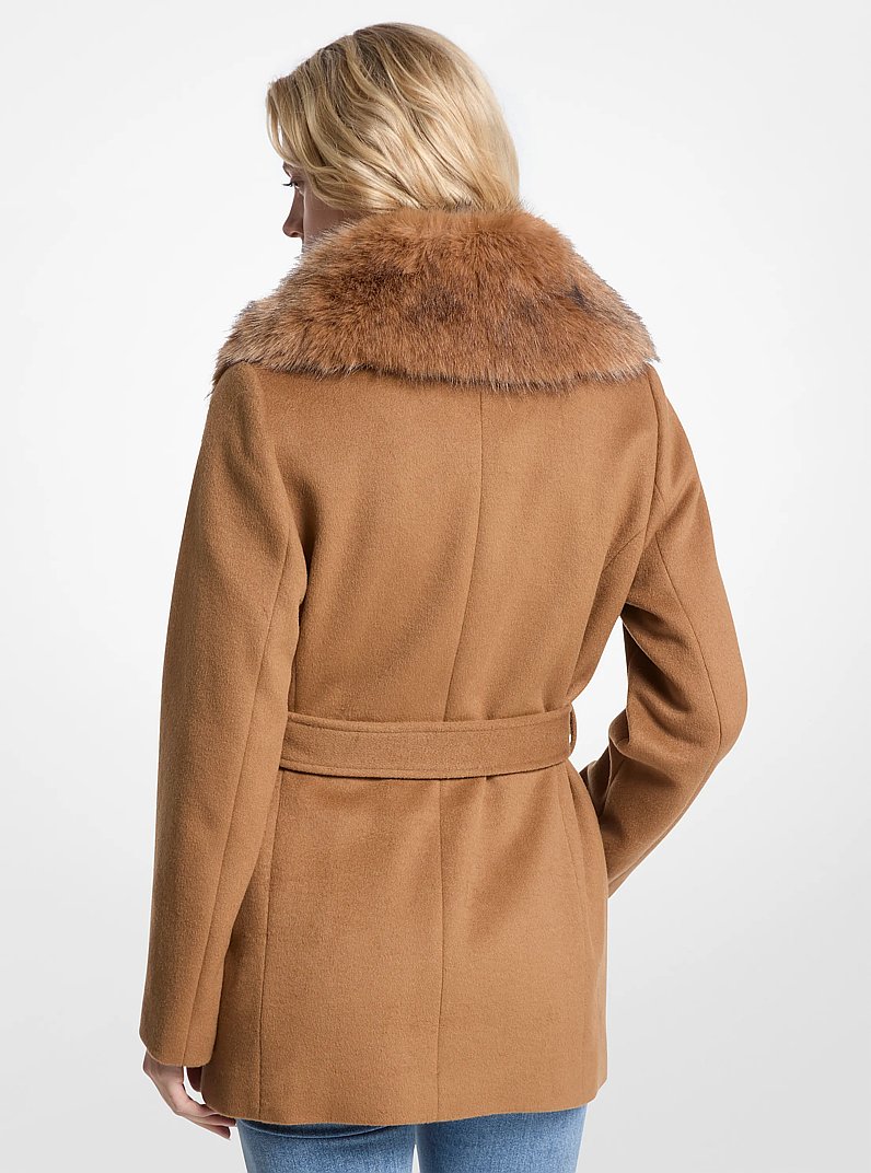 Faux Fur Trim Wool Blend Coat in DARK CAMEL | Michael Kors