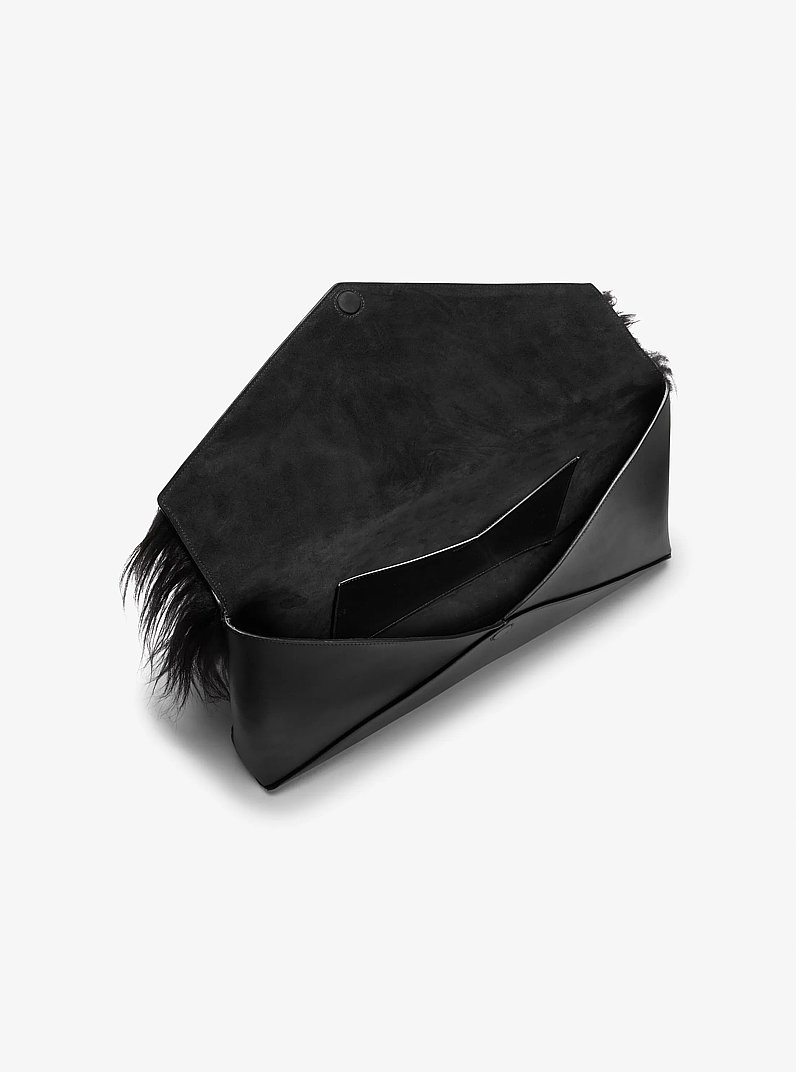 Jeanne Medium Shearling and Leather Envelope Clutch in BLACK | Michael Kors