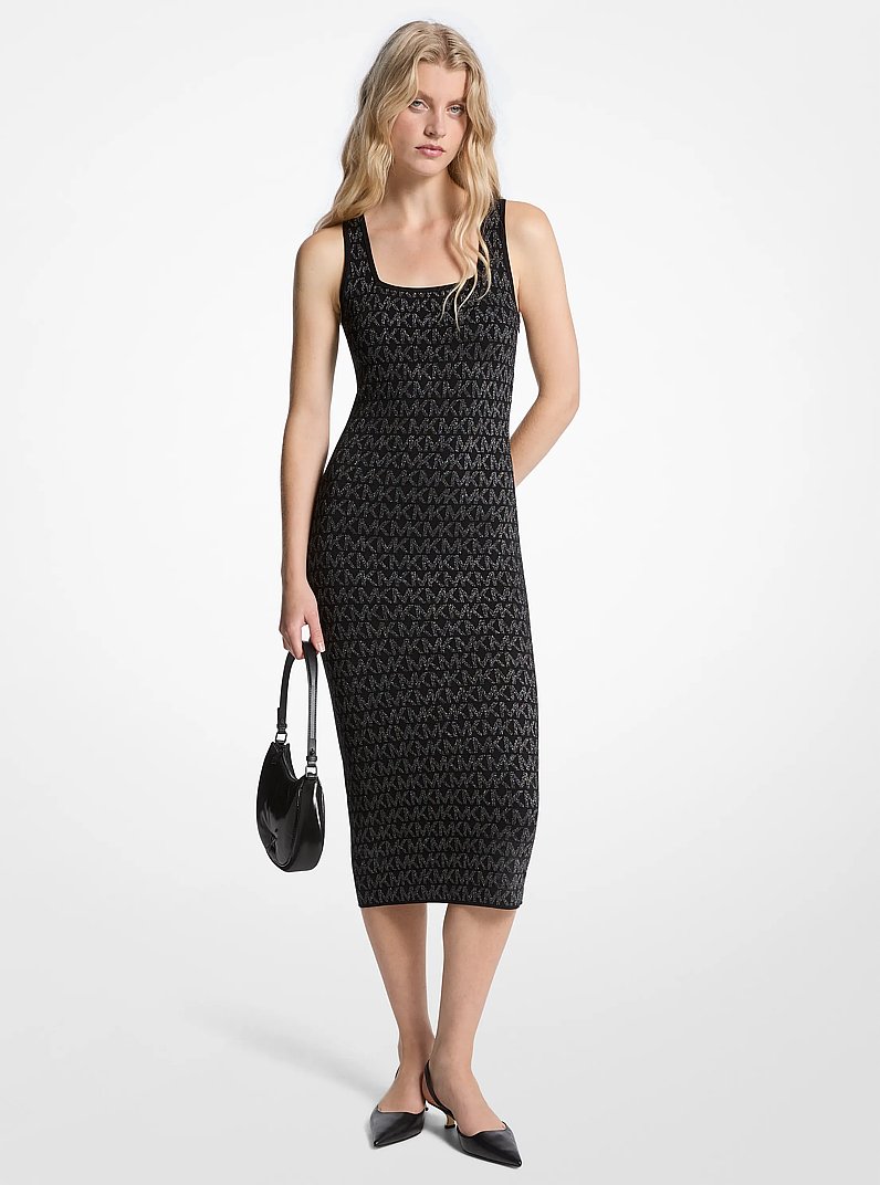 Metallic Logo Jacquard Midi Dress in BLACK/SILVER | Michael Kors