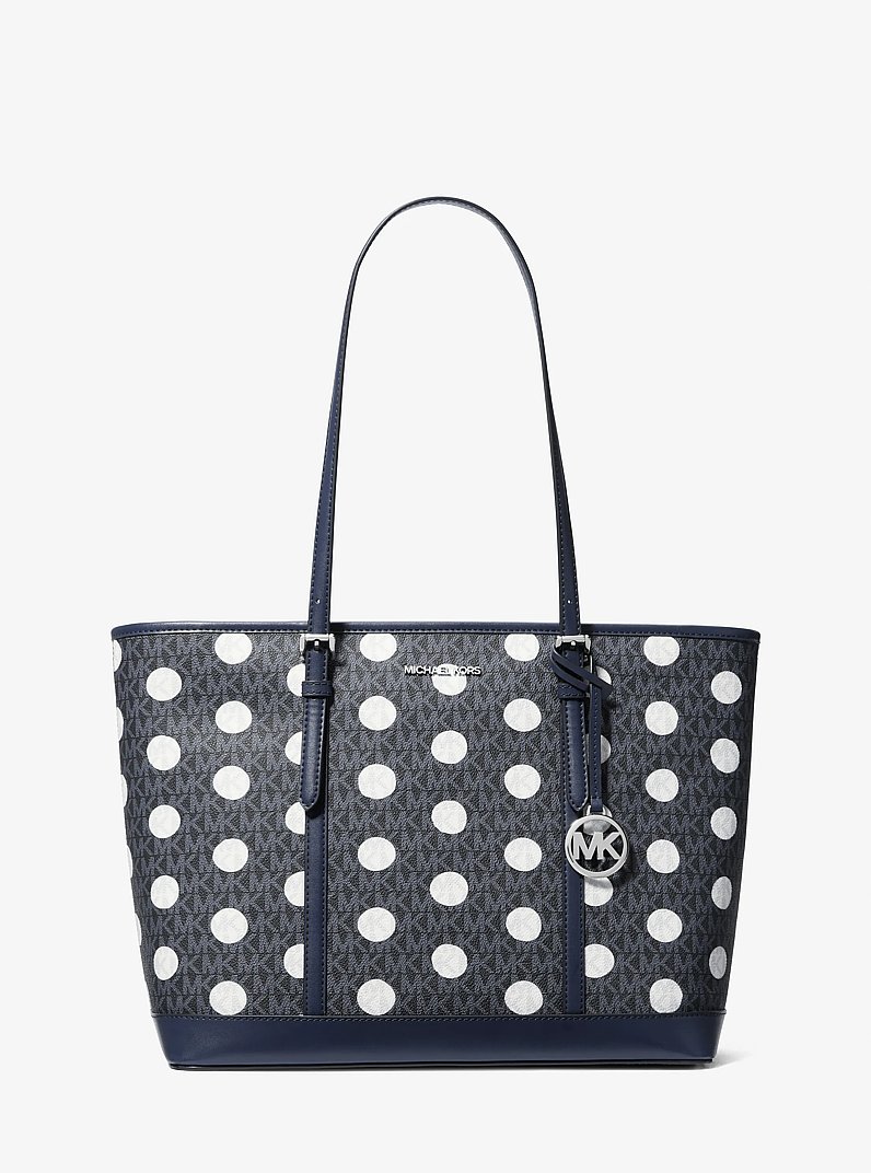 Jet Set Large Polka Dot Signature Logo Tote Bag in NAVY | Michael Kors