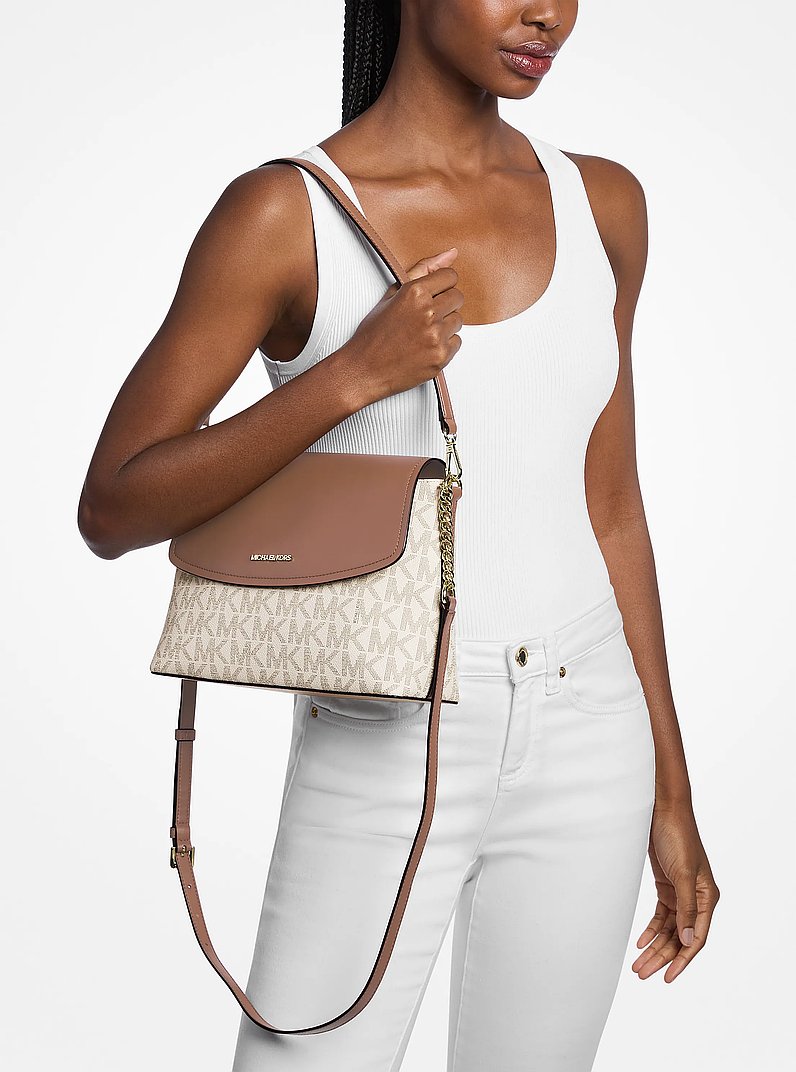 Borsa a spalla Ida convertibile con stampa logo in VANIGLIA/CUOIO | Michael Kors