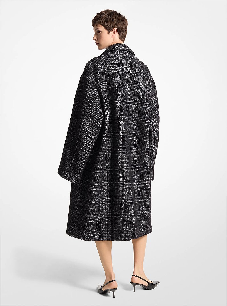Glen Plaid Silk and Wool Melton Balmacaan in BLACK/WHITE | Michael Kors